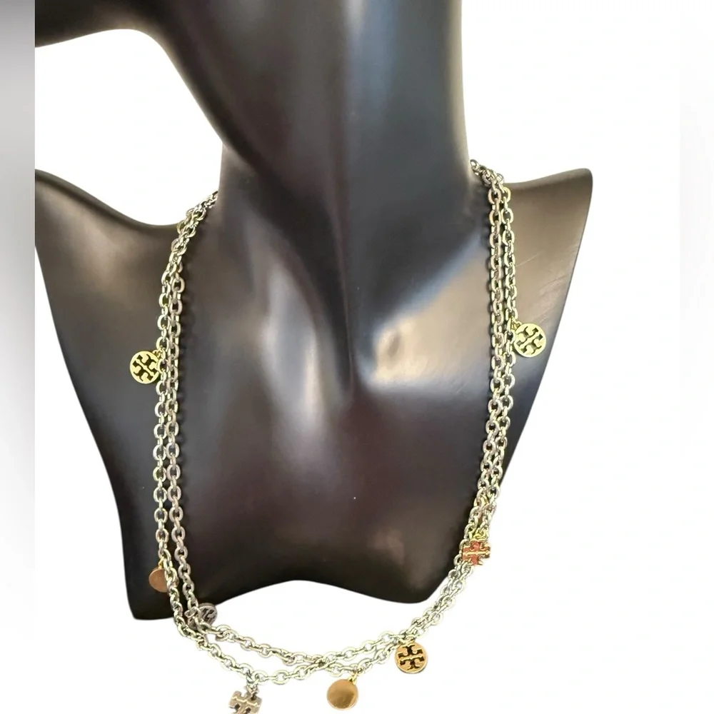 TORY BURCH Silver and Gold-Tone Long Logo Elegant Necklace with Dust Bag